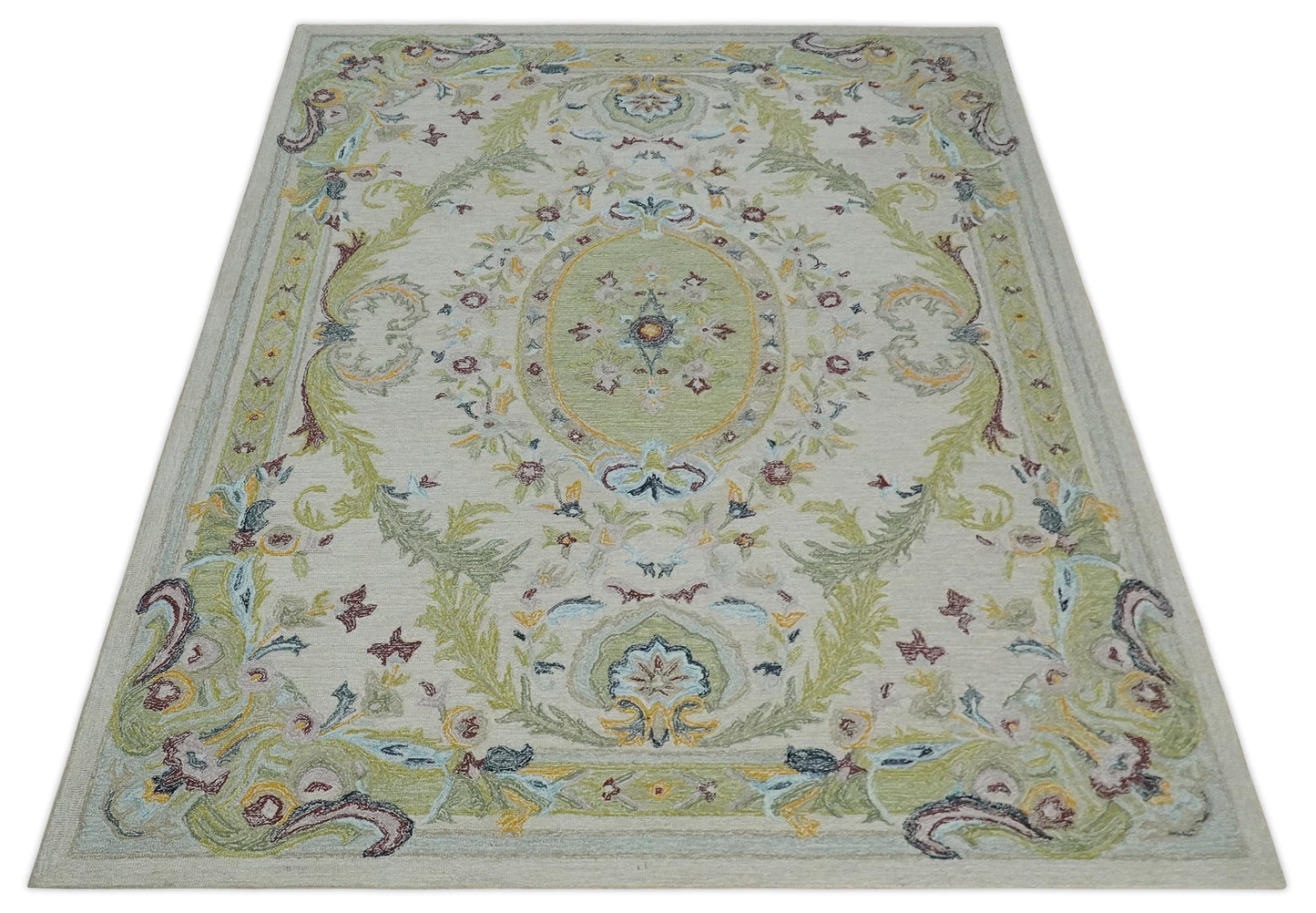 Ivory and Green Custom Made French Design Aubusson Hand Tufted Wool Area Rug