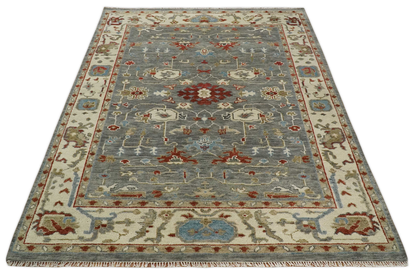 Hand Knotted Living Room Rug Charcoal, Red and Beige Traditional Vintage Style Custom Made Wool Area Rug