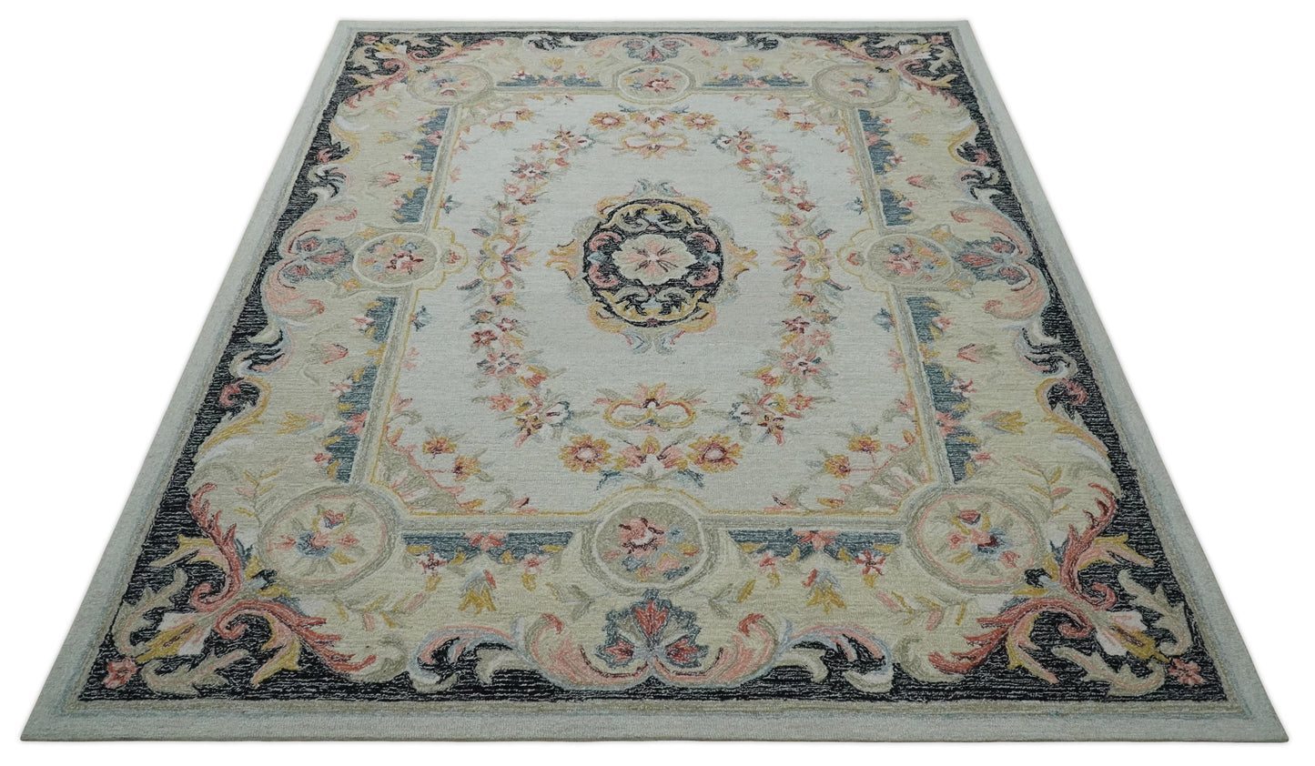 French Design Aubusson Custom Made Ivory, Light Green and Charcoal Hand Tufted wool Area Rug
