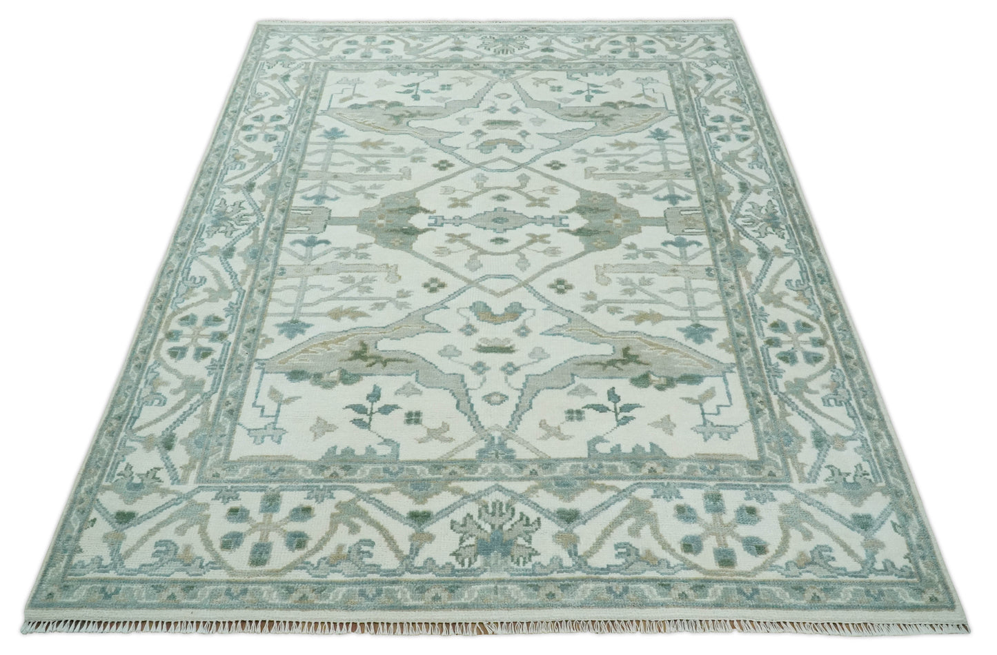 Custom Made Hand Knotted Oriental Oushak Ivory and Teal Wool Area Rug