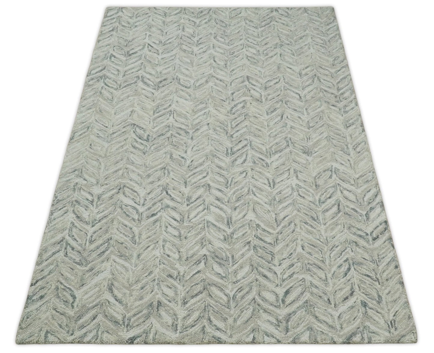 Custom Made Beige and Gray Leaf's Hand Tufted Modern Scandinavian Wool Loop Rug