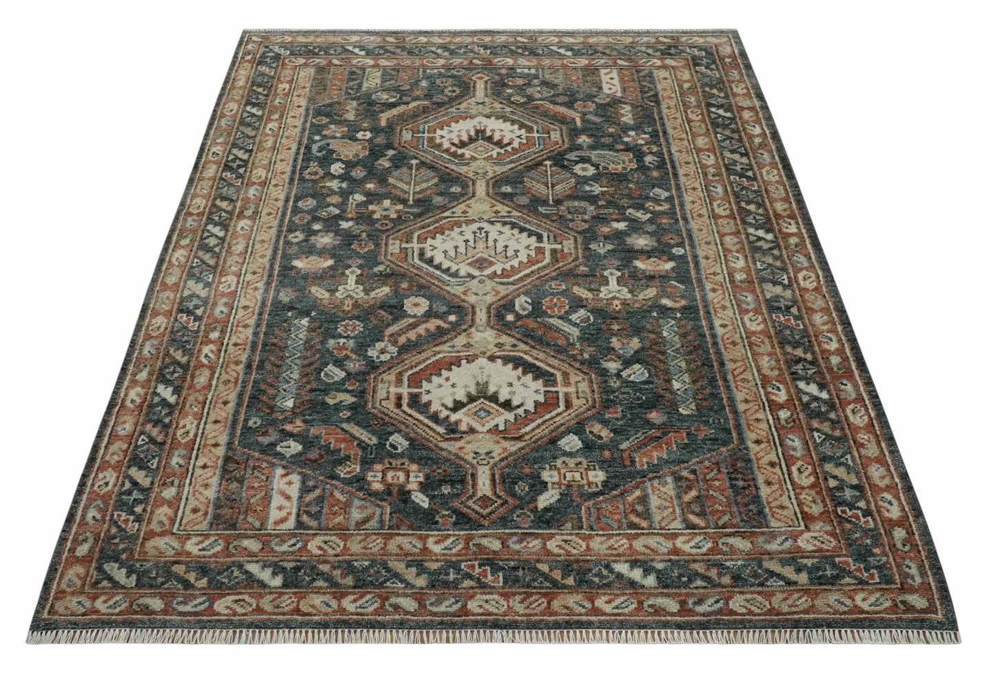 Antique Style Charcoal, Beige and Rust Hand knotted Custom Made wool Area Rug