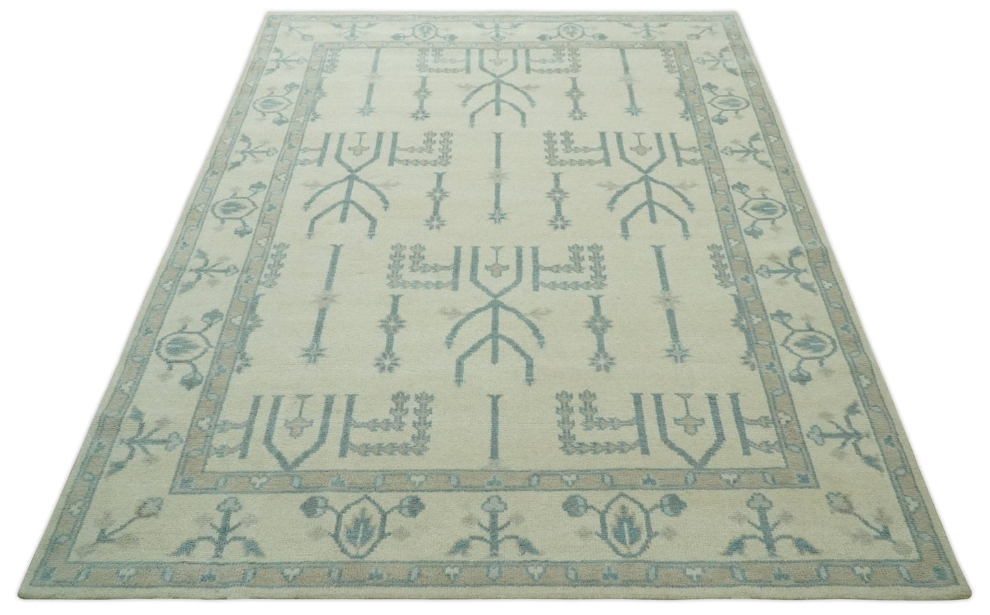 Antique Style Tree of life Beige and Teal Traditional Hand Knotted Custom Made wool Area Rug