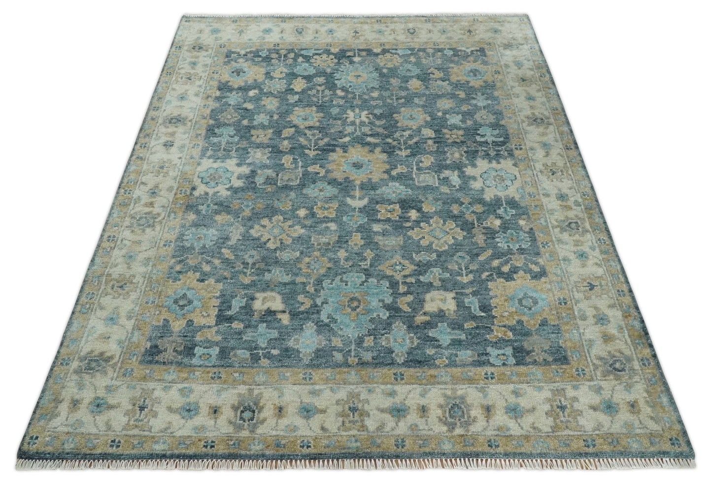 Antique Teal Blue Custom Made Hand Knotted Oriental Oushak Ivory and Beige Wool Area Rug