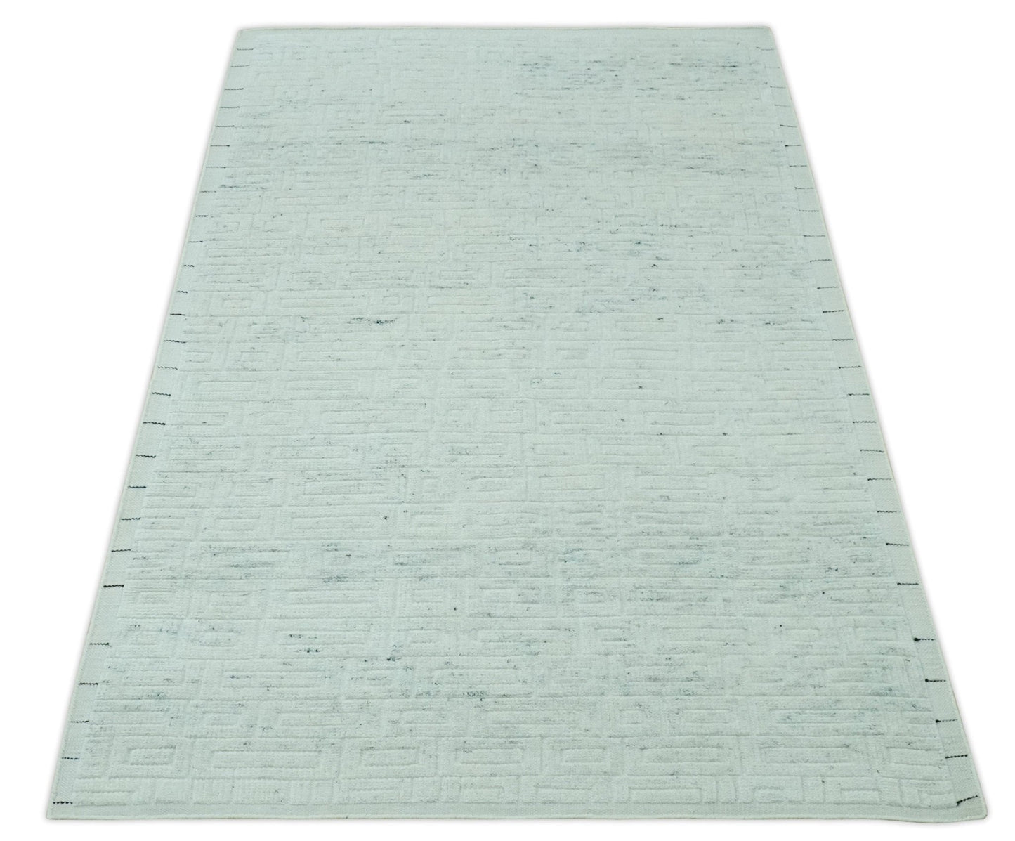 Carved Texture Modern Geometrical Design Custom Made Ivory and Light Blue Wool Area Rug