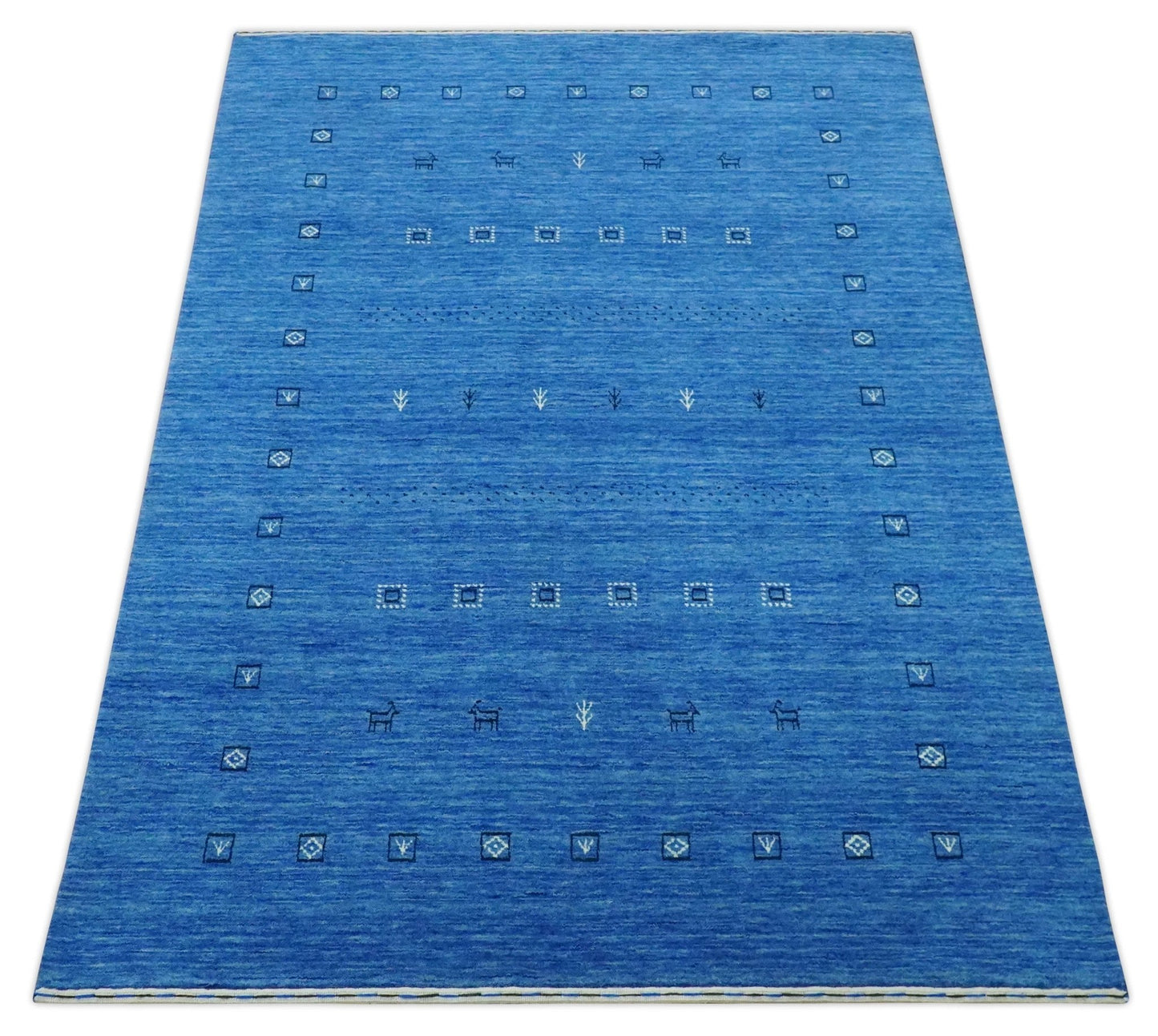 Custom Made Blue and Ivory Stripes Design Hand loom wool Area Rug