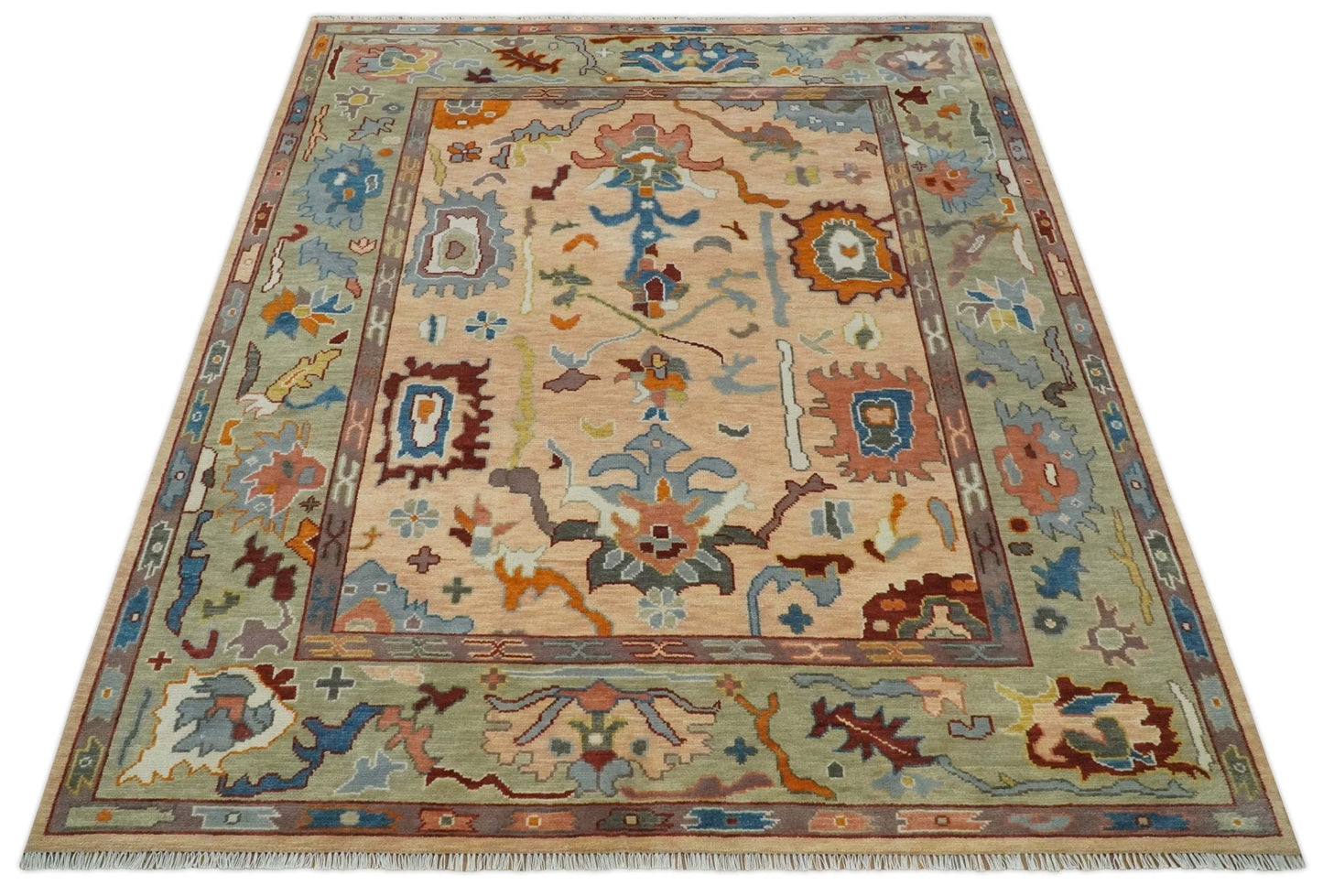 Custom Made Colorful Peach and Green Hand knotted Oushak wool Area Rug