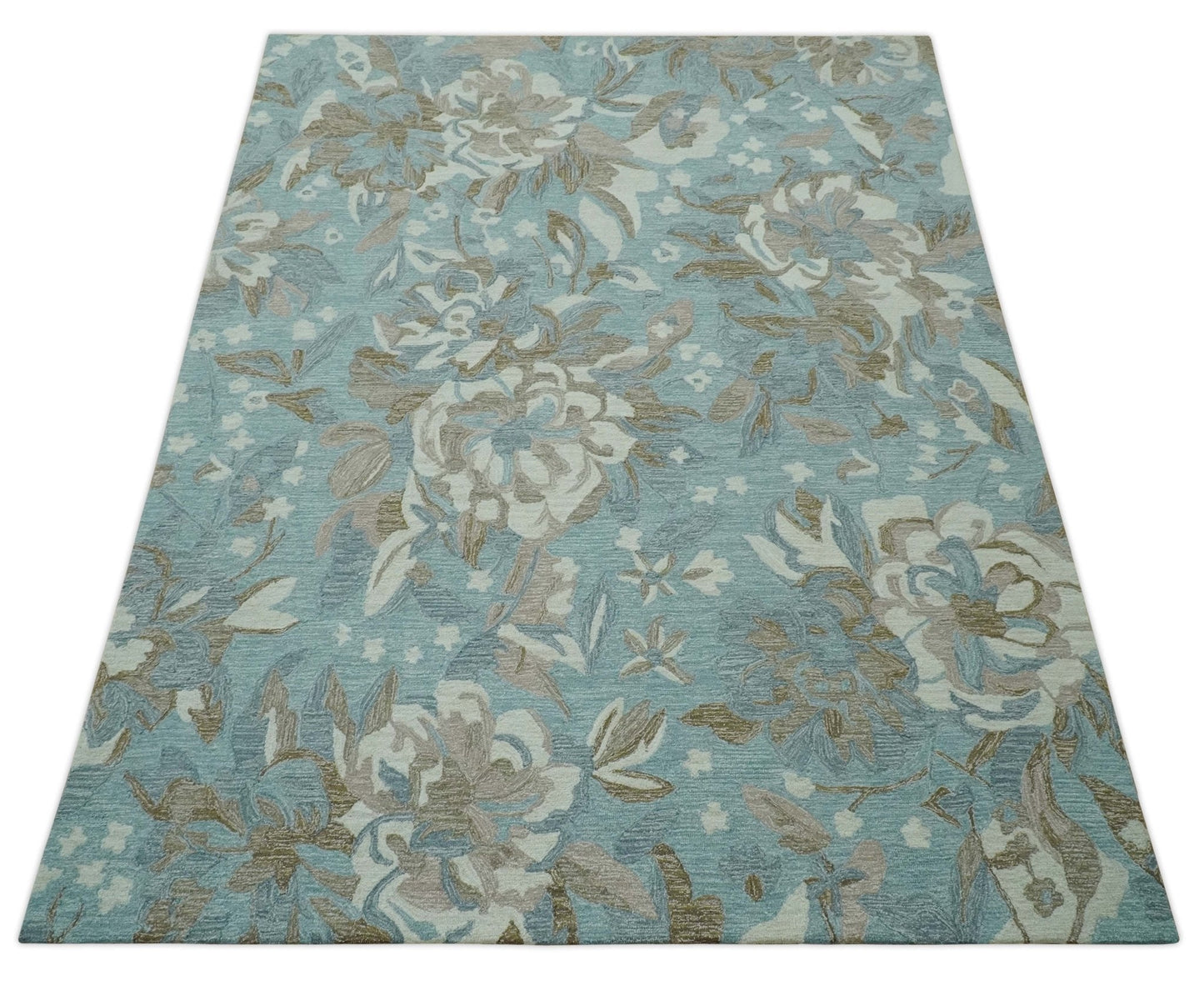 Custom Made Elegant Blue, Ivory and Olive Floral Design Hand Tufted wool Rug