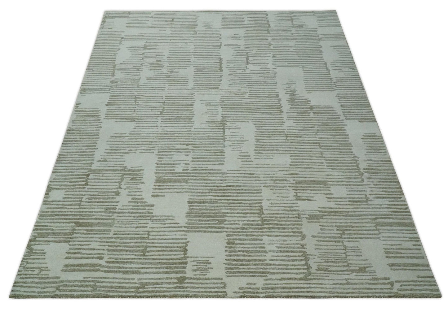Custom Made Ivory and Olive Modern Stripes Design Hand Tufted wool Area Rug, Kids, Living Room and Bedroom Rug
