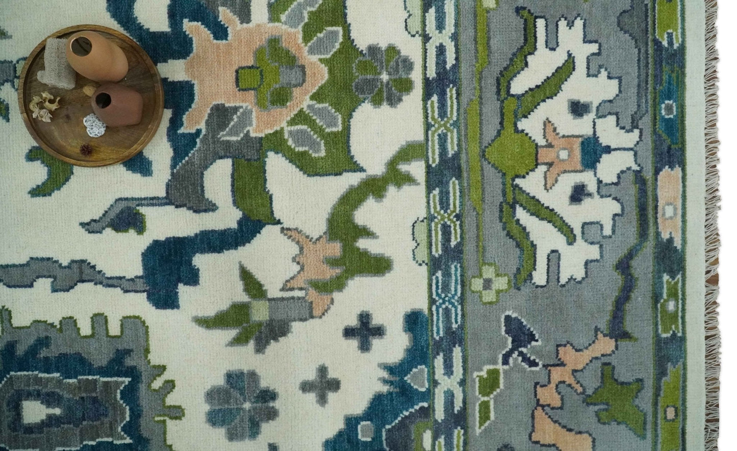 Custom Made Ivory, Gray and Green Hand knotted Traditional Oushak Wool Area Rug