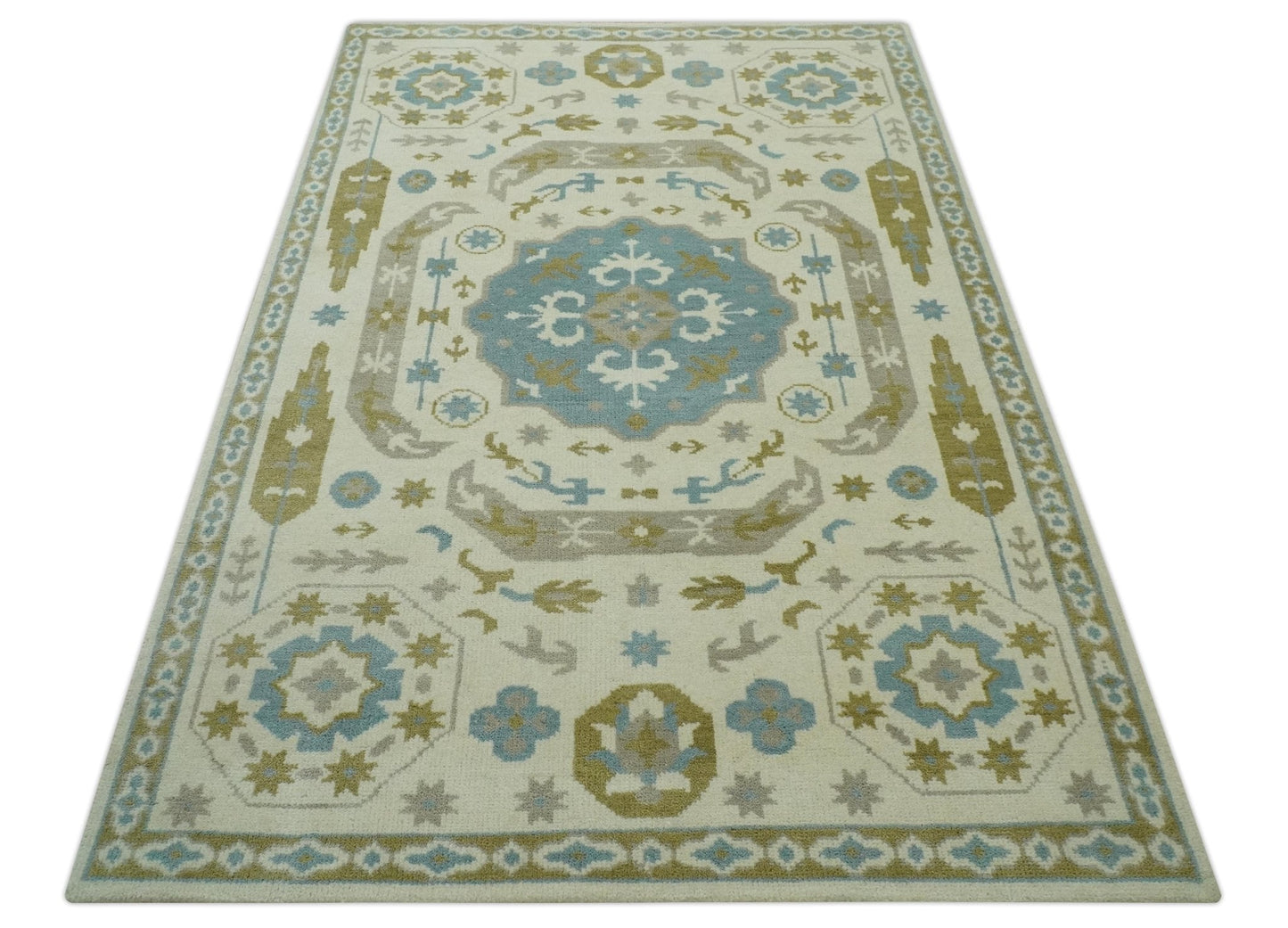 Custom Made Ivory, Olive and Teal Hand Knotted Traditional Medallion Mamluk Design wool Rug