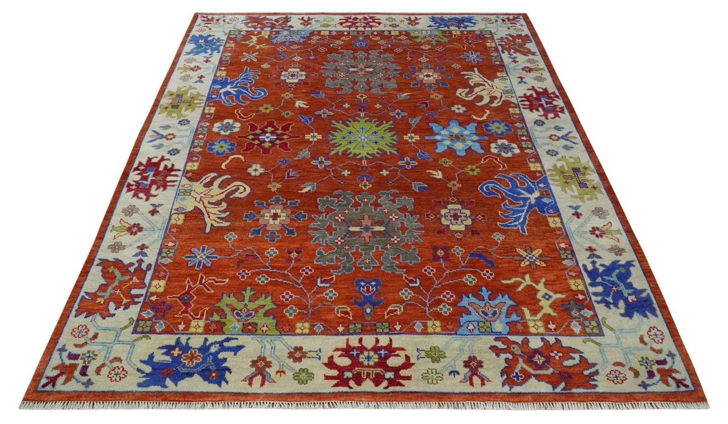 Custom Made Red and Ivory colorful Hand knotted Traditional Oushak Multi Size Wool Area Rug, Kids, Living Room and Bedroom Rug