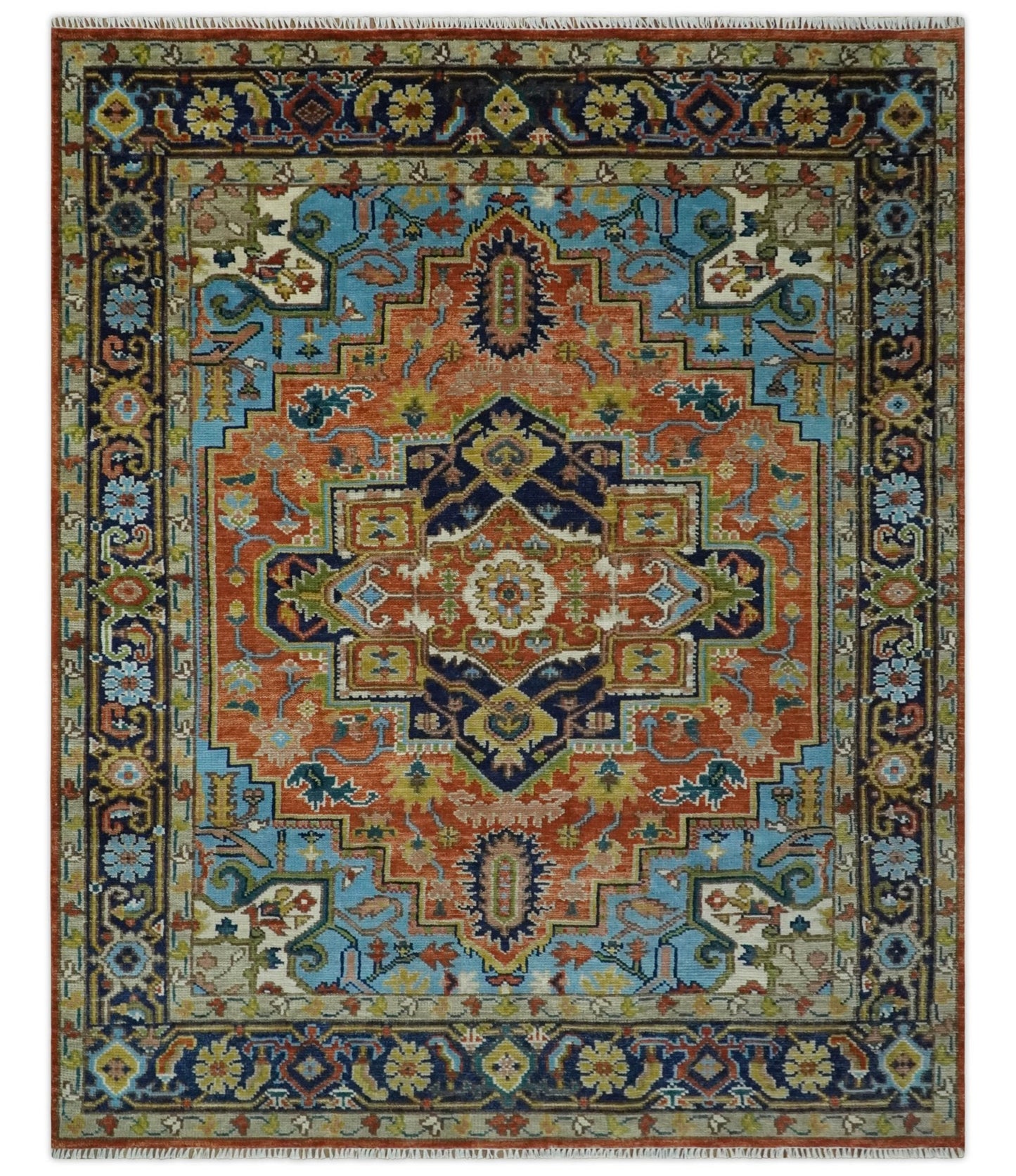 Custom Made Rust and Blue Traditional Medallion Hand Knotted Wool Area Rug