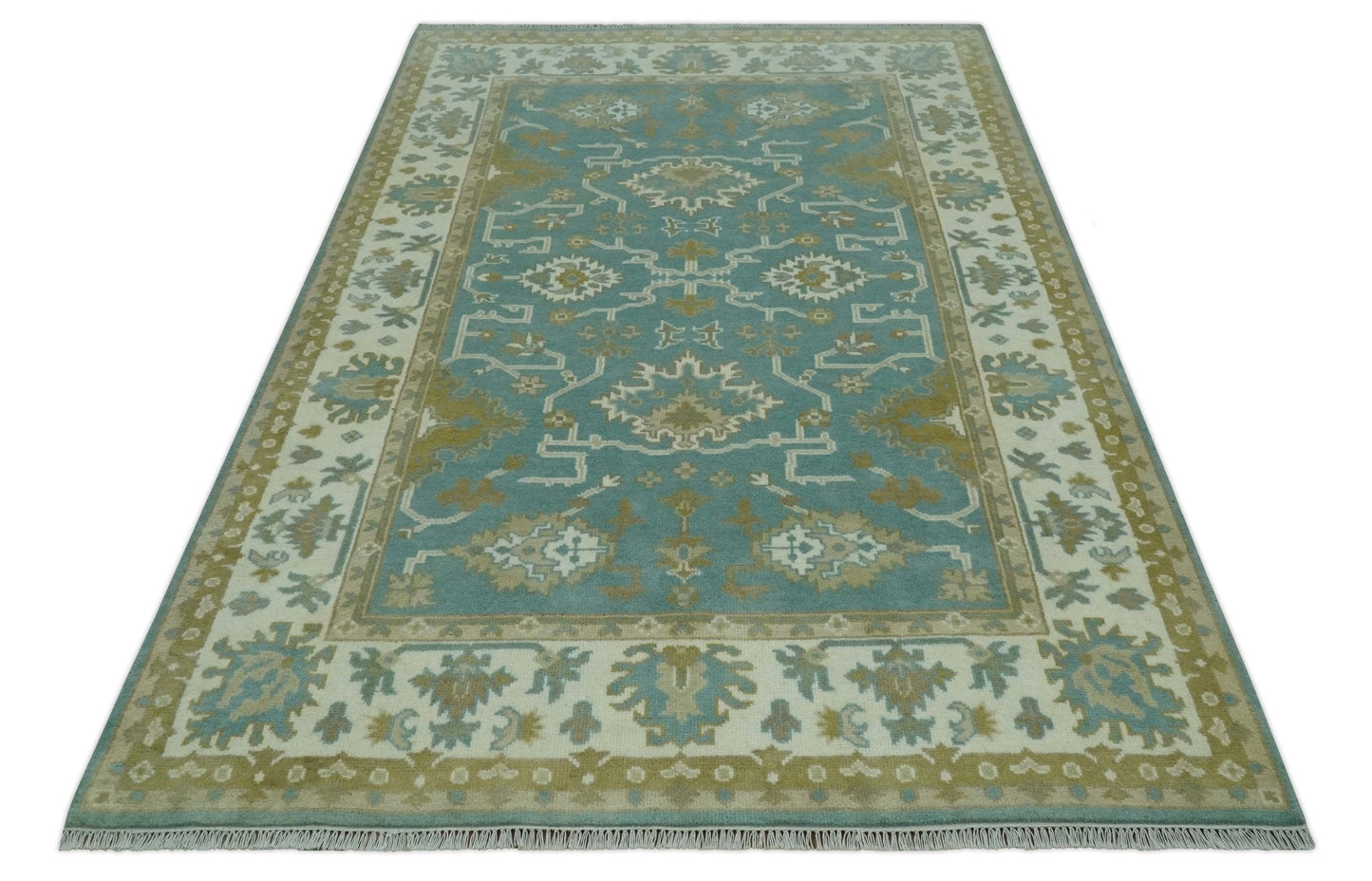 Custom Made Teal, Ivory and Olive Hand Knotted Traditional Oriental Oushak wool rug