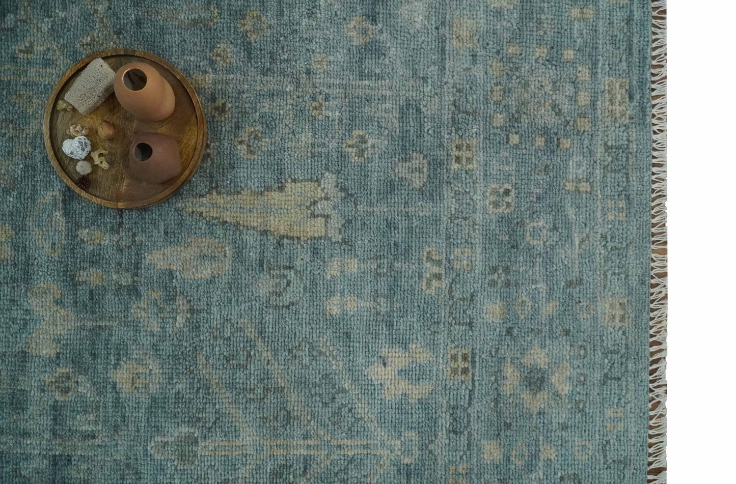 Custom Made Tree of Life Hand Knotted Teal and Beige Traditional Oushak Wool Area Rug