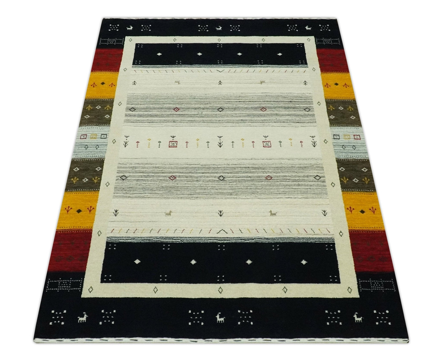 Custom Made Tribal Gabbeh Ivory, Black, Gold and Maroon Stripes design Traditional Wool Area Rug