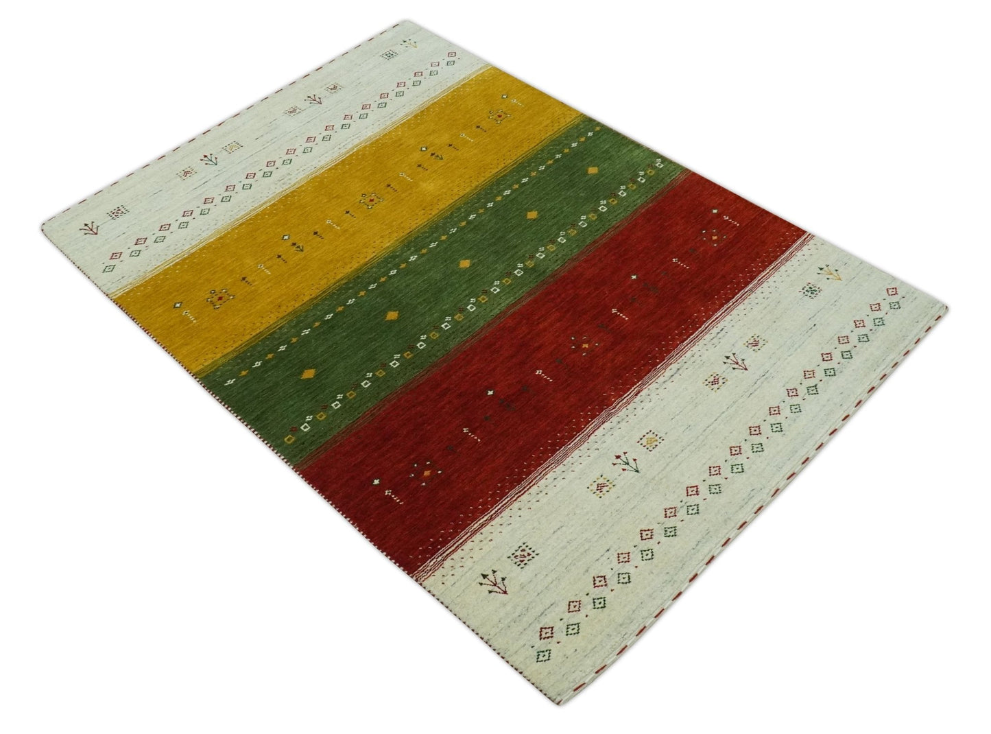 Custom Made Tribal Gabbeh Ivory, Gold, Green and Maroon Geometrical Stripes Design Wool area Rug