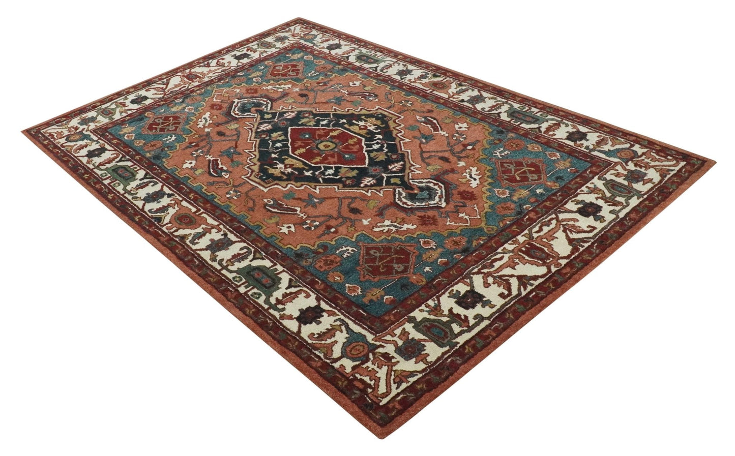 Custom Made Vintage Style Black, Rust, Teal and Ivory Hand Tufted Traditional wool Area Rug