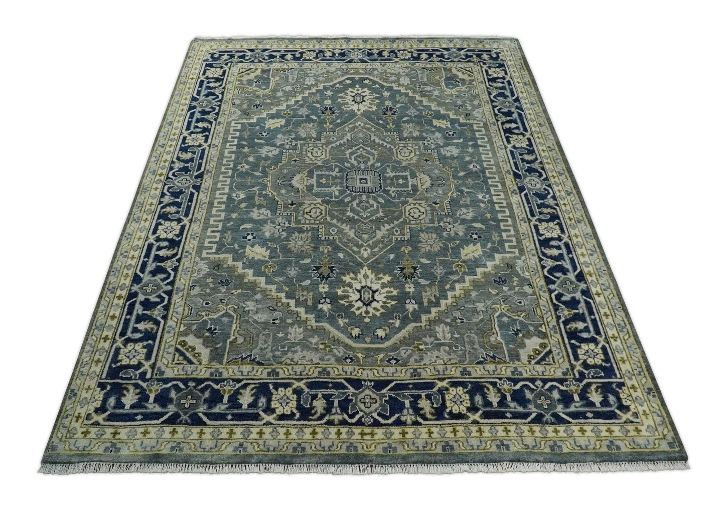 Custom Made Hand Knotted Antique Moss Gray Beige and Blue Traditional Heriz Serapi Wool Area Rug