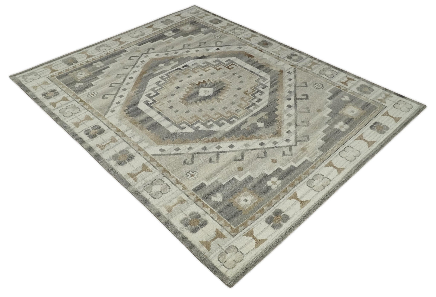 Hand Knotted Ivory, Charcoal and Beige Traditional Medallion Natural Wool Custom Made Area Rug, Kids, Living Room and Bedroom Rug