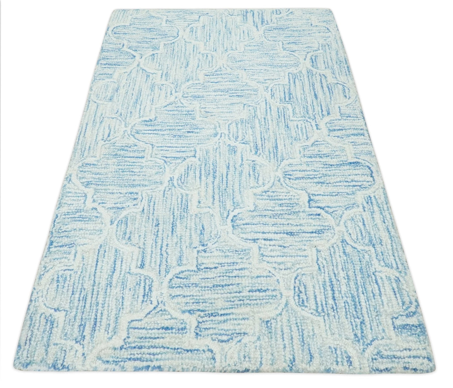 Custom Made Ivory and Blue Modern Geometric Hand Tufted Natural Wool Area Rug