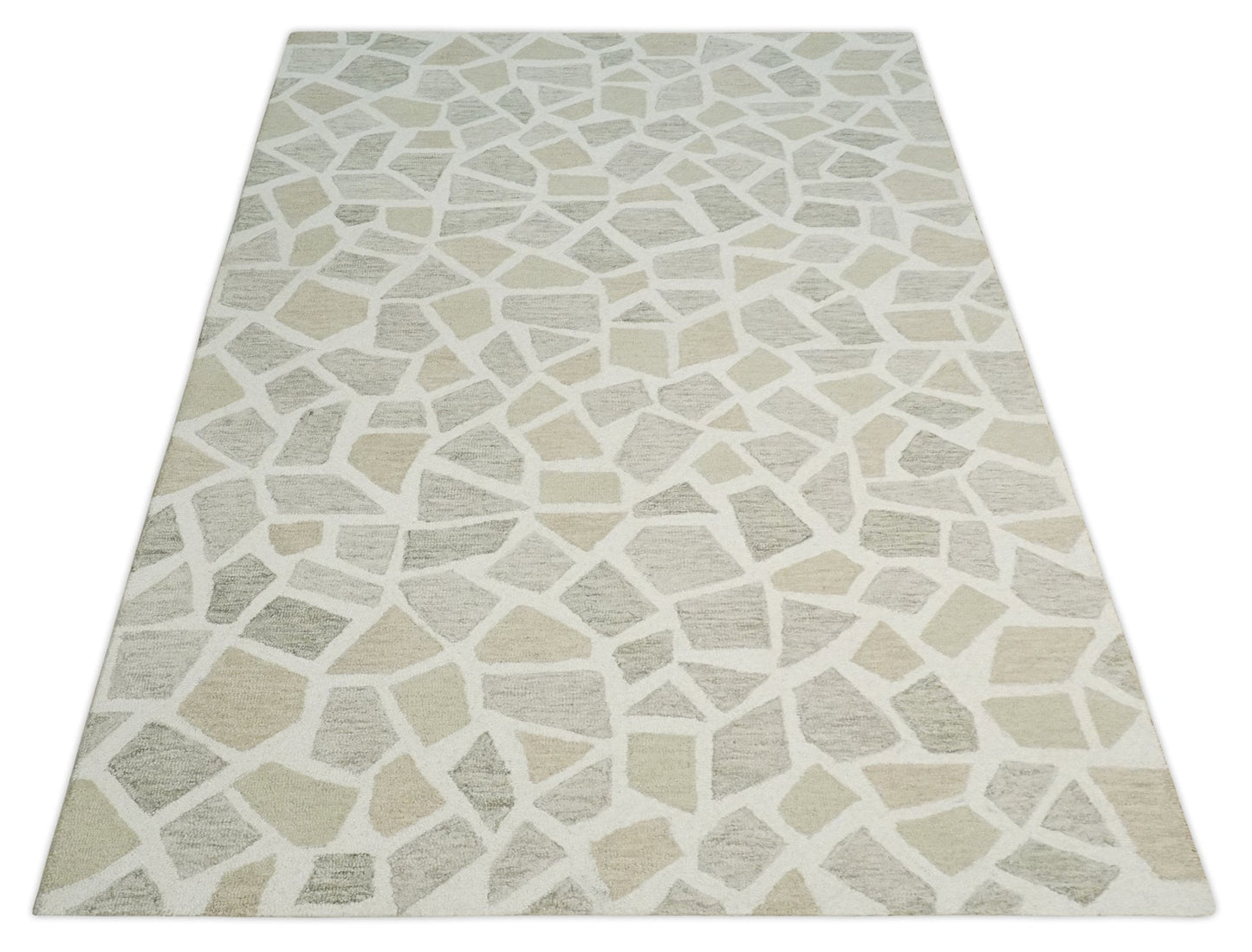 Ivory Beige and Brown mosaic Design Custom Made Hand Hooked Modern Style Rug