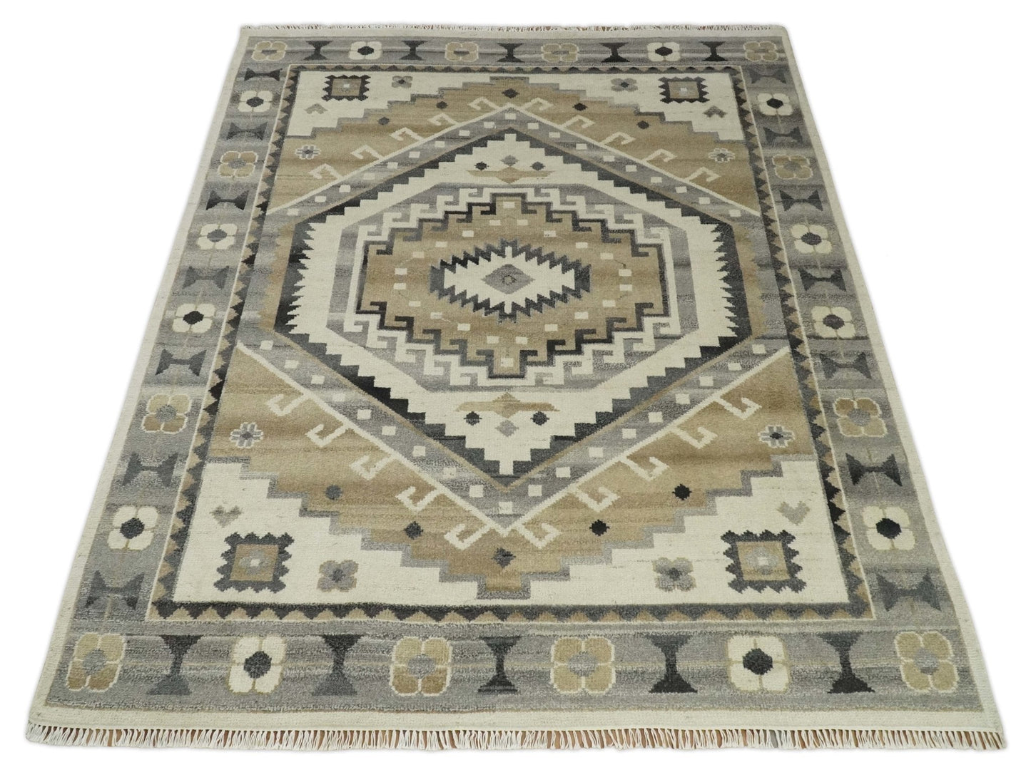 Custom Made Natural Wool Hand Knotted Ivory, Beige and Charcoal Traditional Area Rug, Kids, Living Room and Bedroom Rug