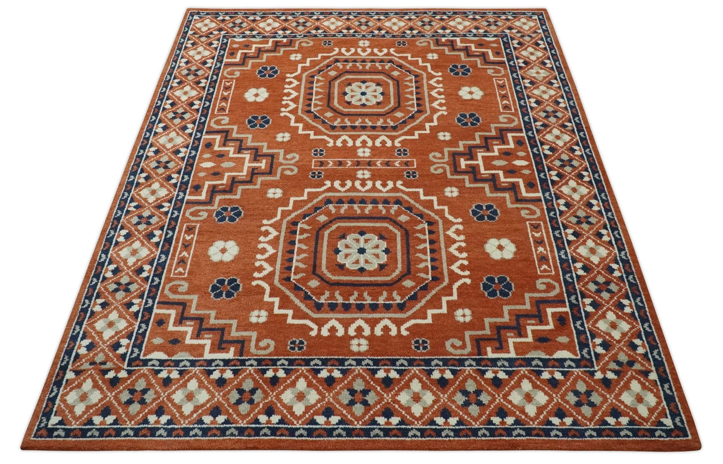 Rust, Ivory and Blue Traditional Mamluk design Hand Knotted Custom Made wool Area Rug