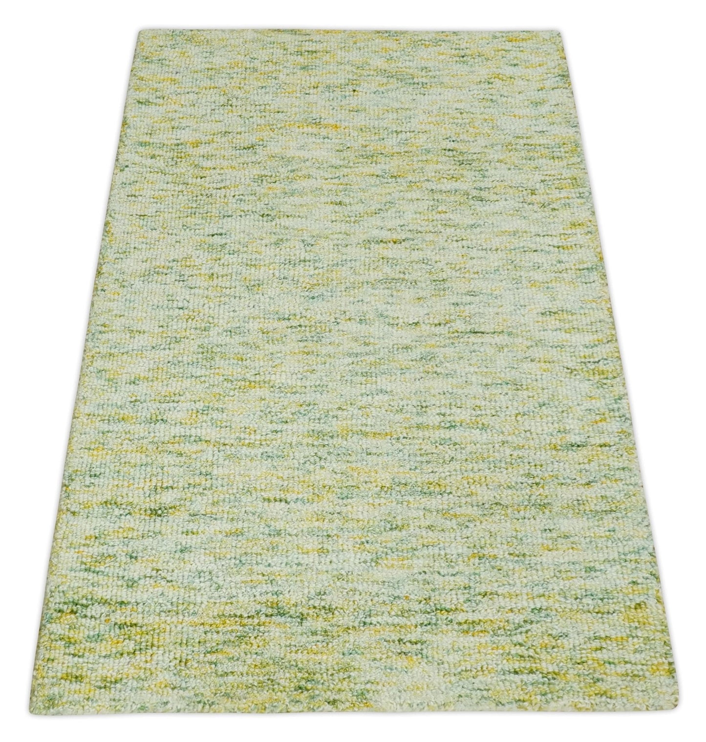 Custom Made Solid Moss Green Ivory and Gold Abstract Hand Tufted Natural Wool Area Rug