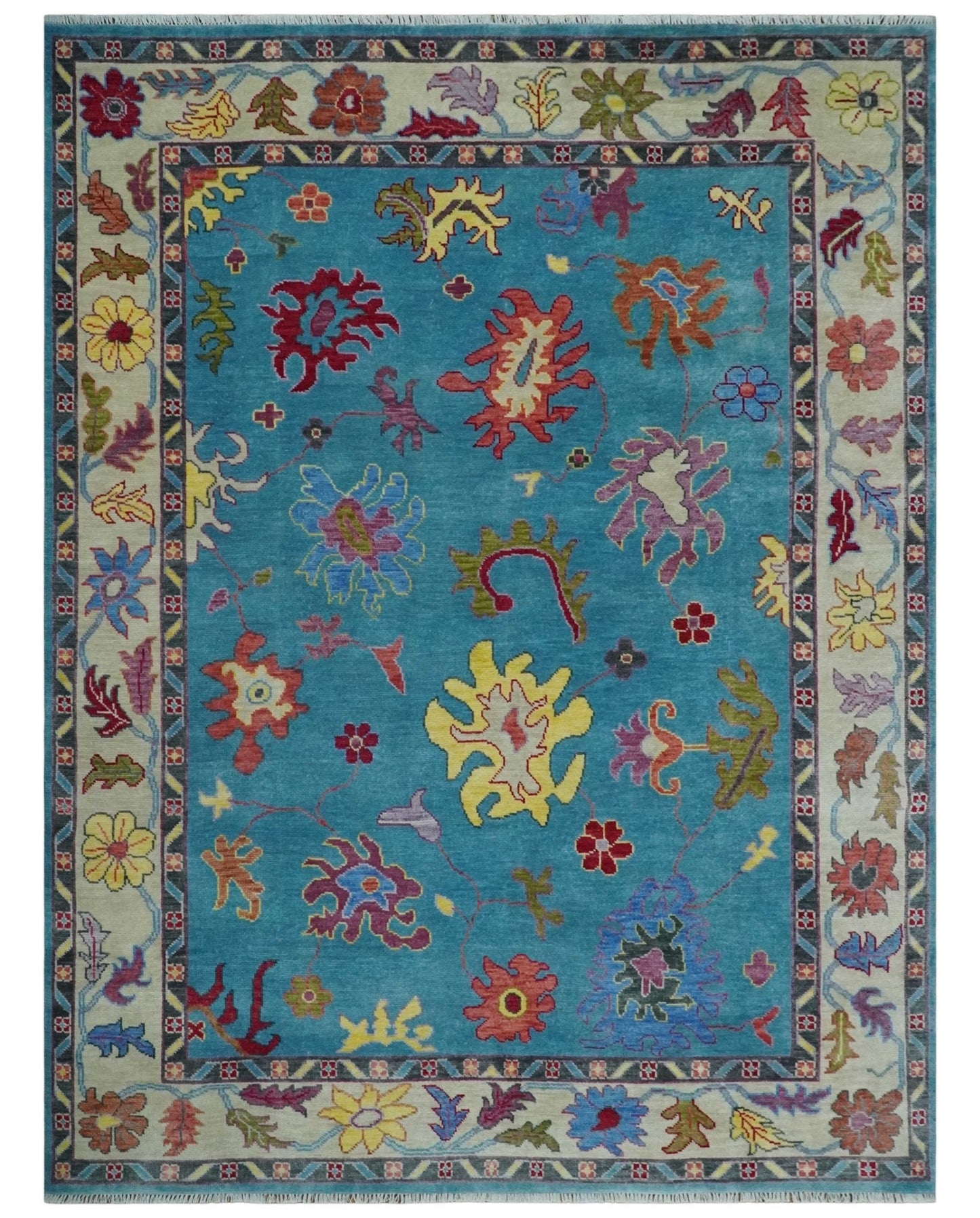 Traditional Blue and Camel Colorful Hand knotted Oushak Custom Made Wool Area Rug