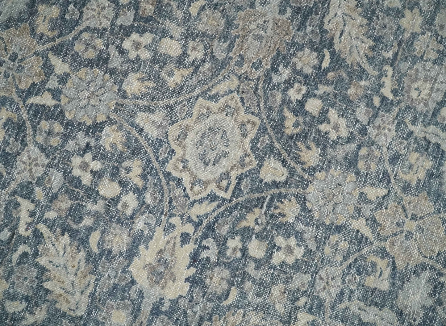 Custom Made Vintage Style Hand Knotted Traditional Blue and Beige Antique Textured Low Pile Distressed Wool Rug