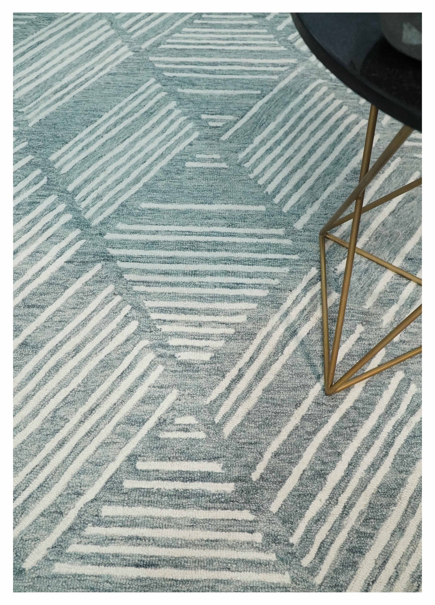 Custom Made Hand Tufted Ivory and Gray Stripes Pattern wool Rug