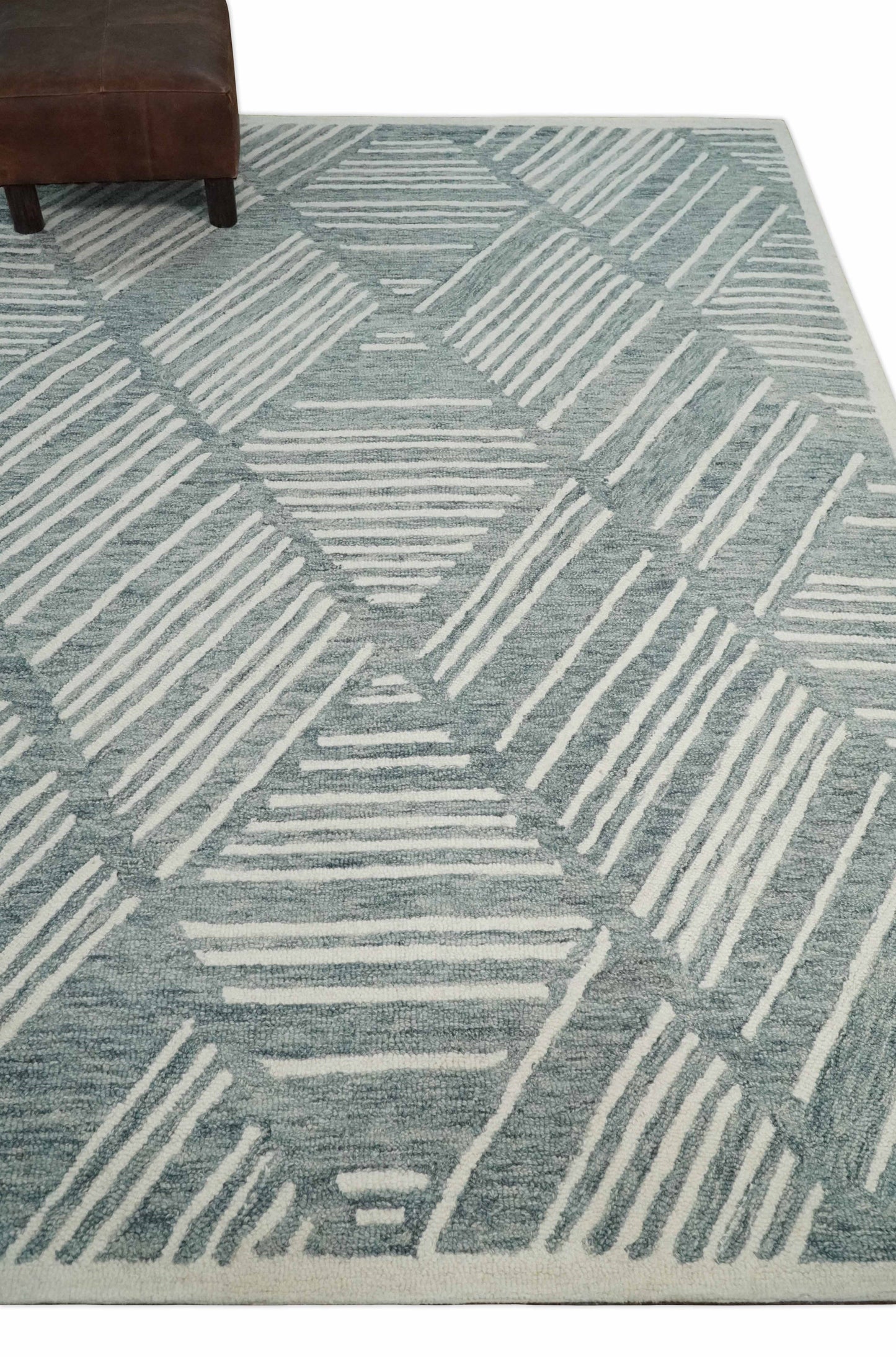 Custom Made Hand Tufted Ivory and Gray Stripes Pattern wool Rug