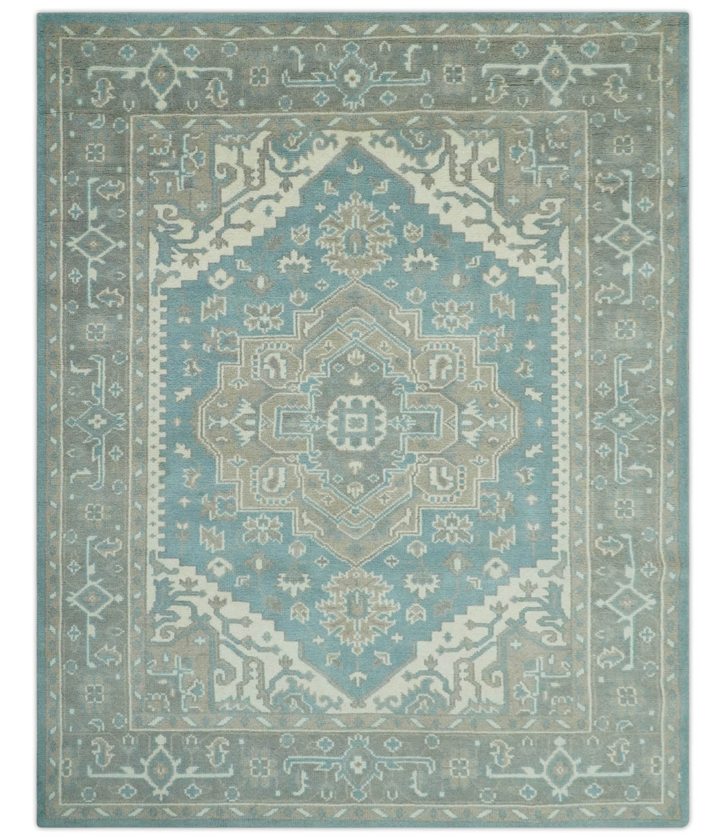 Custom Made Hand Knotted Blue, Ivory, Camel and Gray Traditional Heriz wool rug