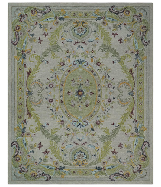 Ivory and Green Custom Made French Design Aubusson Hand Tufted Wool Area Rug