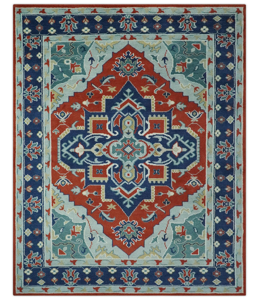 Custom Made Rust, Blue and Silver hand knotted Traditional Heriz wool area rug