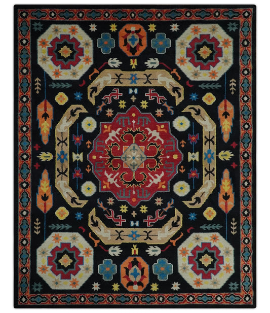 Custom Made Colorful Black, Maroon and Beige Traditional Mamluk Design wool Rug