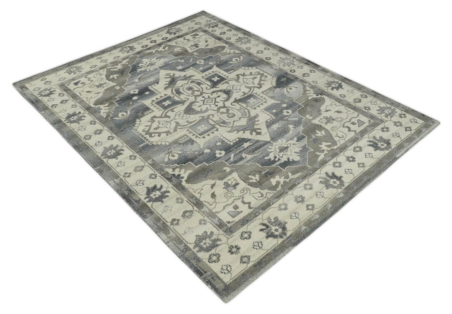 Custom Made Hand Knotted Ivory, Charcoal and Gray Traditional Medallion Natural Wool Area Rug, Kids, Living Room and Bedroom Rug