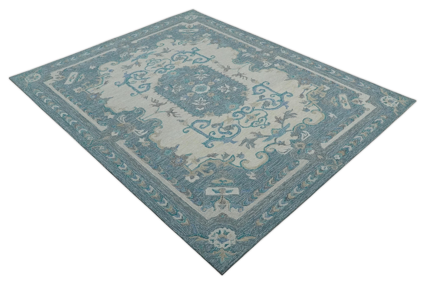 French Design Aubusson Custom Made Ivory and Blue Hand Tufted Wool Area Rug