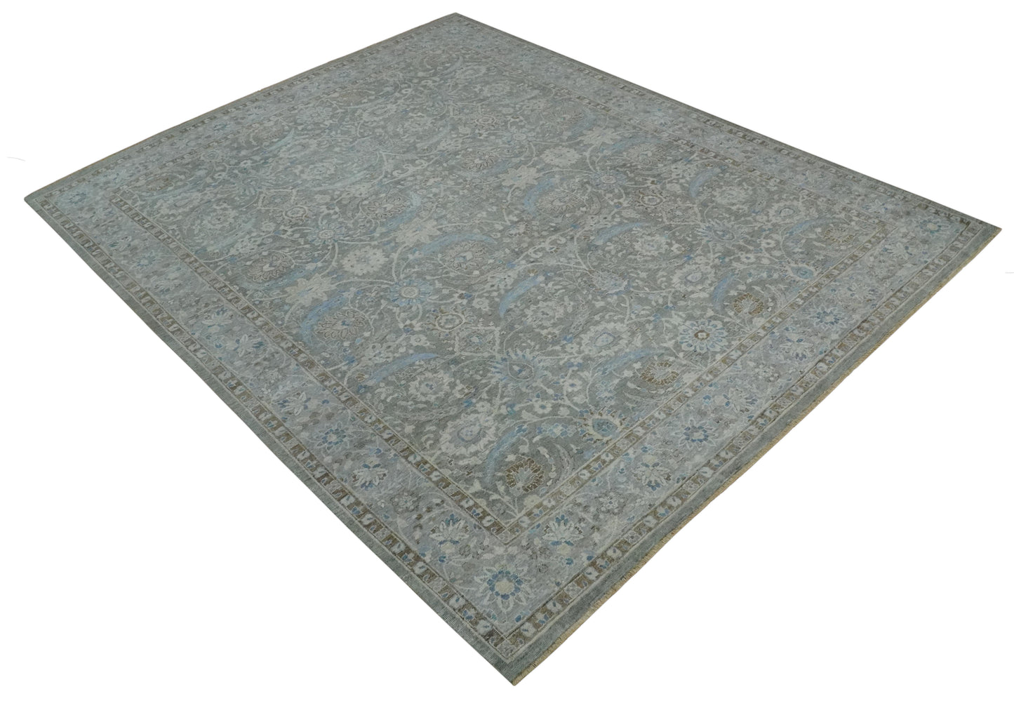 Antique Style Blue, Gray and Beige Hand knotted Classic Distressed Finished Custom Made wool Area Rug