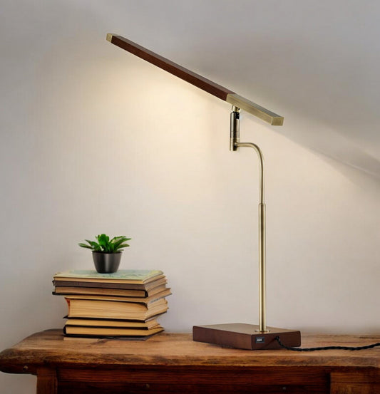 Walnut Wood Finish And Antique Brass Metal Adjustable Led Desk Lamp With Usb Port