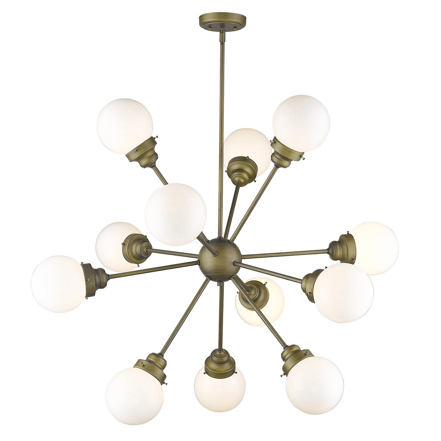 Bronze Sputnik Twelve Light Frosted Metal Dimmable Chandelier With Off White Shades