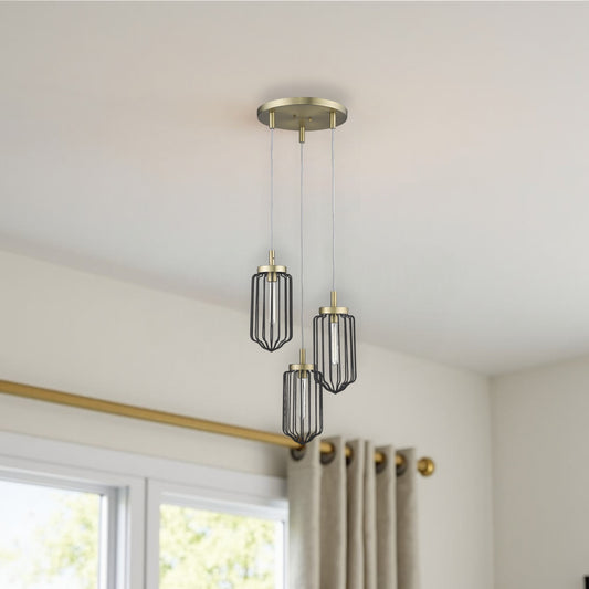 Gold Caged Three Light Metal Dimmable Chandelier With Black Shades