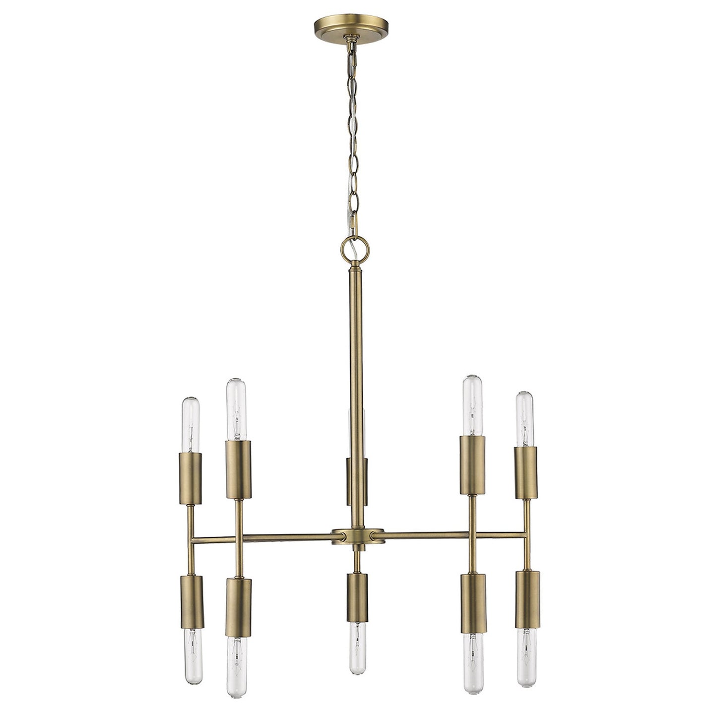 Brass Candle Style Ten Light Metal Dimmable Chandelier