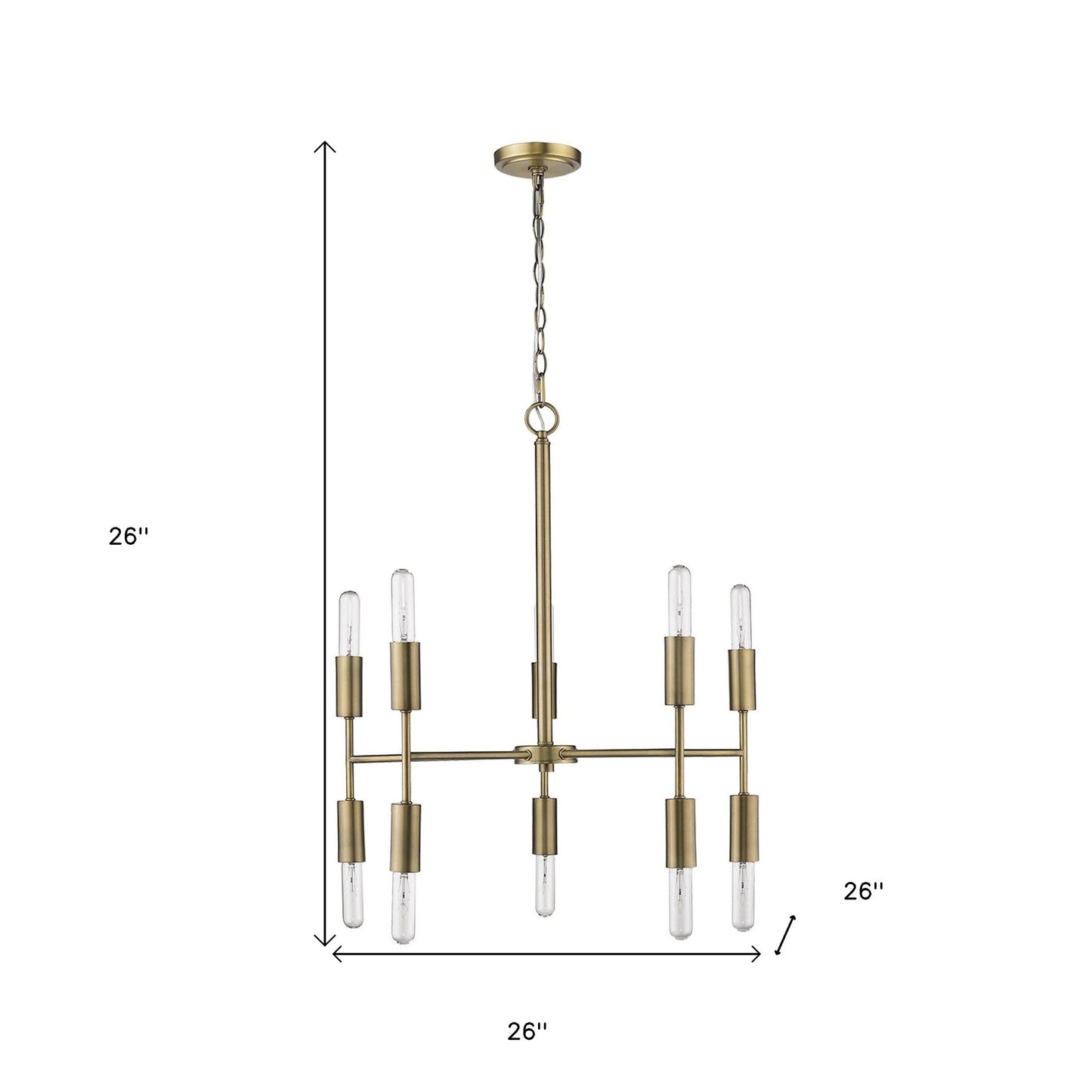 Brass Candle Style Ten Light Metal Dimmable Chandelier