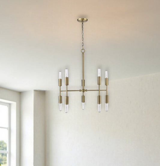 Brass Candle Style Ten Light Metal Dimmable Chandelier