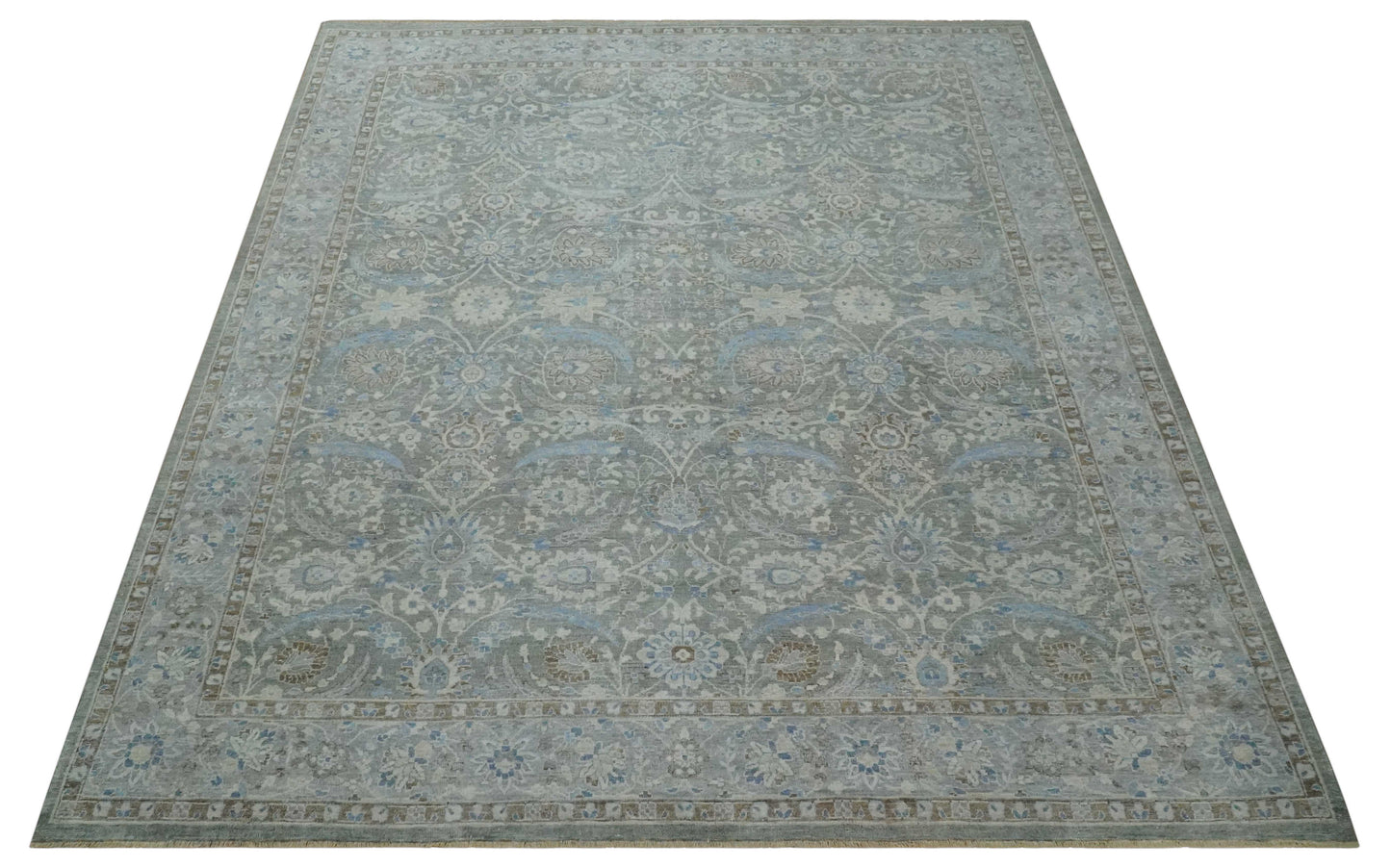 Antique Style Blue, Gray and Beige Hand knotted Classic Distressed Finished Custom Made wool Area Rug