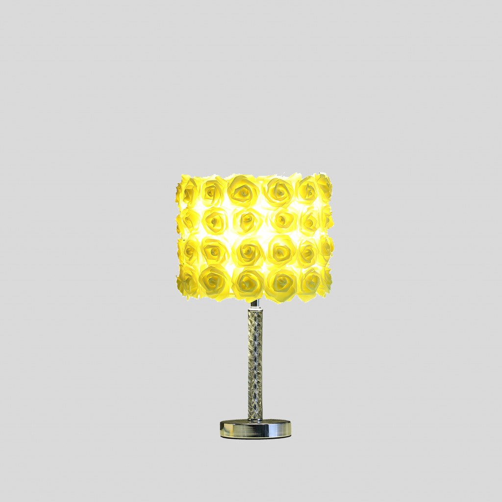 18" Silver Bedside Table Lamp With Yellow Flowers Drum Shade