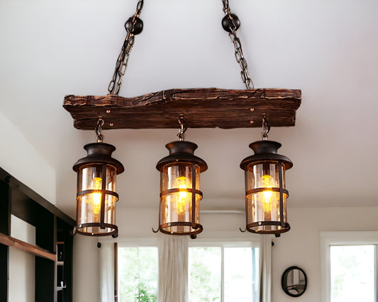 Rustic Wood and Metal Three Light Hanging Lantern Chandelier