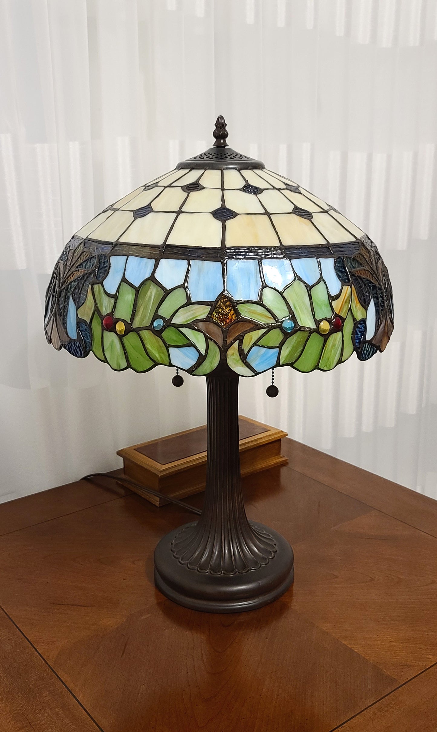 23" Dark Brown Metal Two Light Candlestick Table Lamp With Green Shade